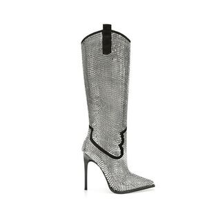 Azalea Wang Heidemarie Western Rhinestone Stiletto Boot In Silver